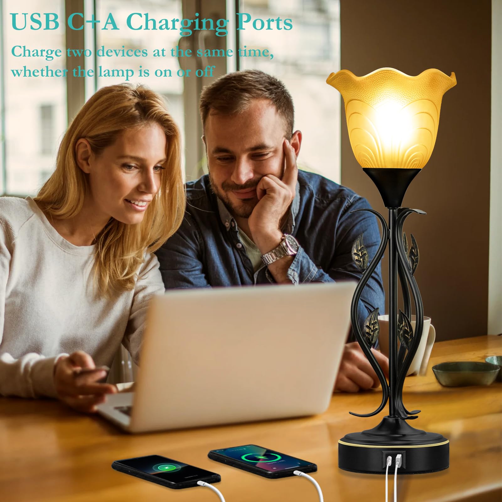 20'' Table Lamps For Living Room - Set Of 2 Touch Bedside Lamps With Usb C Ports, Leafy Vines Amber Flower Shade, Torchiere Desi