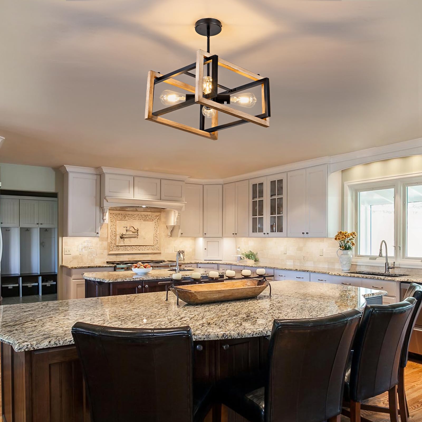 Huismier Farmhose Flush Mount Ceiling Light Fixtures, 4 Lights Rustic Wood And Metal Ceiling Lighting, Industrial Dining Room Li