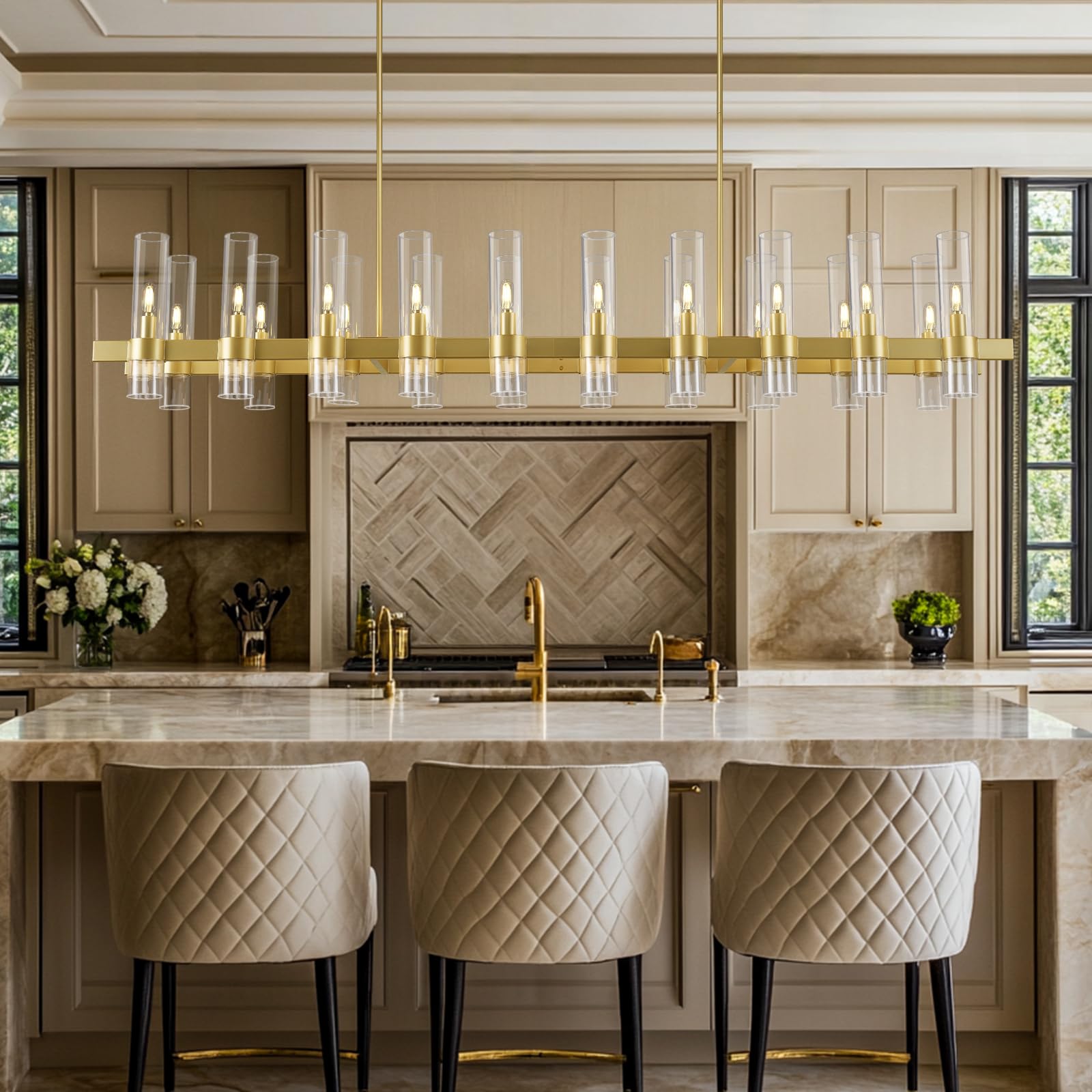 Gold Linear Chandeliers For Dining Room, 68'' Rectangle Chandelier With Glass, 20-Light Dining Room Chandeliers Over Table, Bras