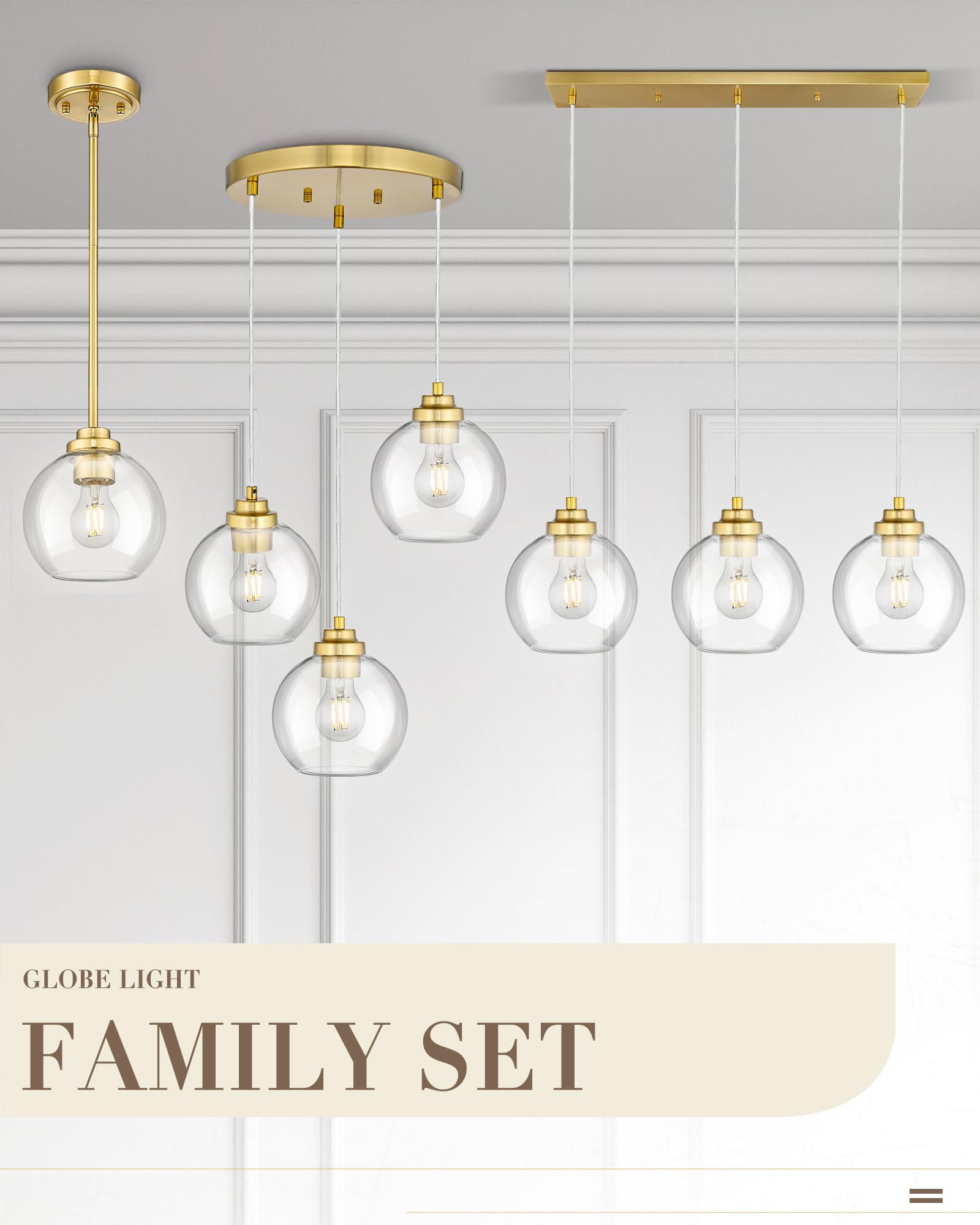 JAZAVA 3-Light Gold Cluster Pendant Light Fixture, 6.7" Clear Glass, Model ZCPL101BG-3C for Kitchen Island, Dining Room, Foyer