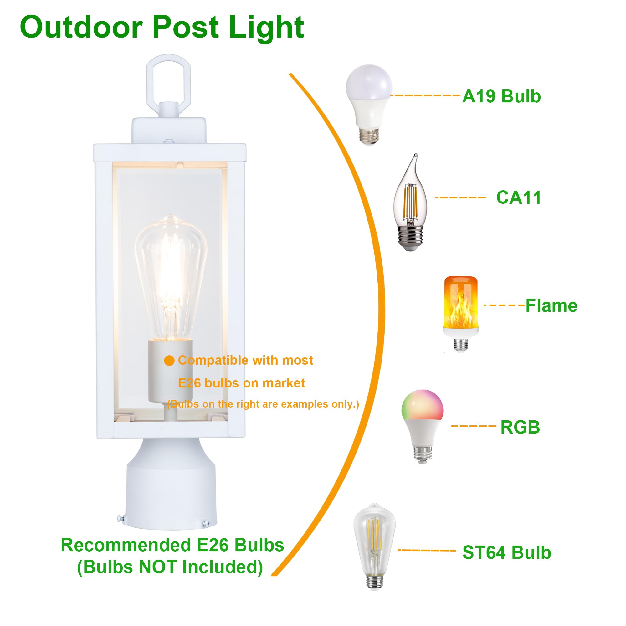GRUENLICH Outdoor Post Lighting Fixture Pole Lantern, E26 Medium Base Max 60W, Metal Housing Plus Glass, Matte White Finish, Bul