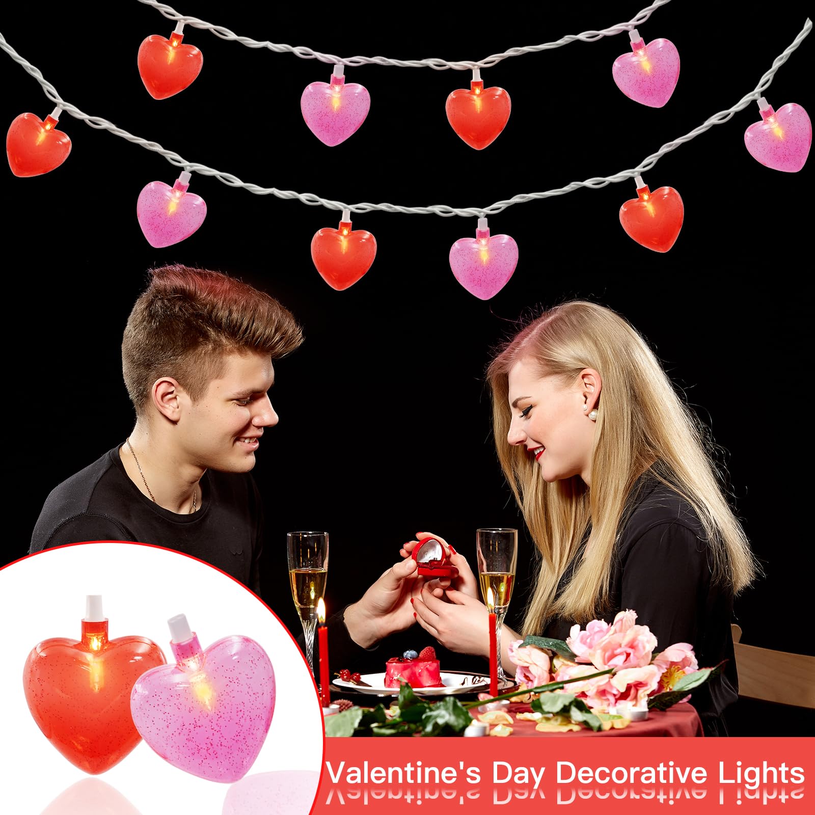 Couah Red Pink Heart LED String Lights - 8.5Ft Plug-in Fairy Lights for Valentine's Day, Indoor/Outdoor Decor, 10 3D Heart Lights