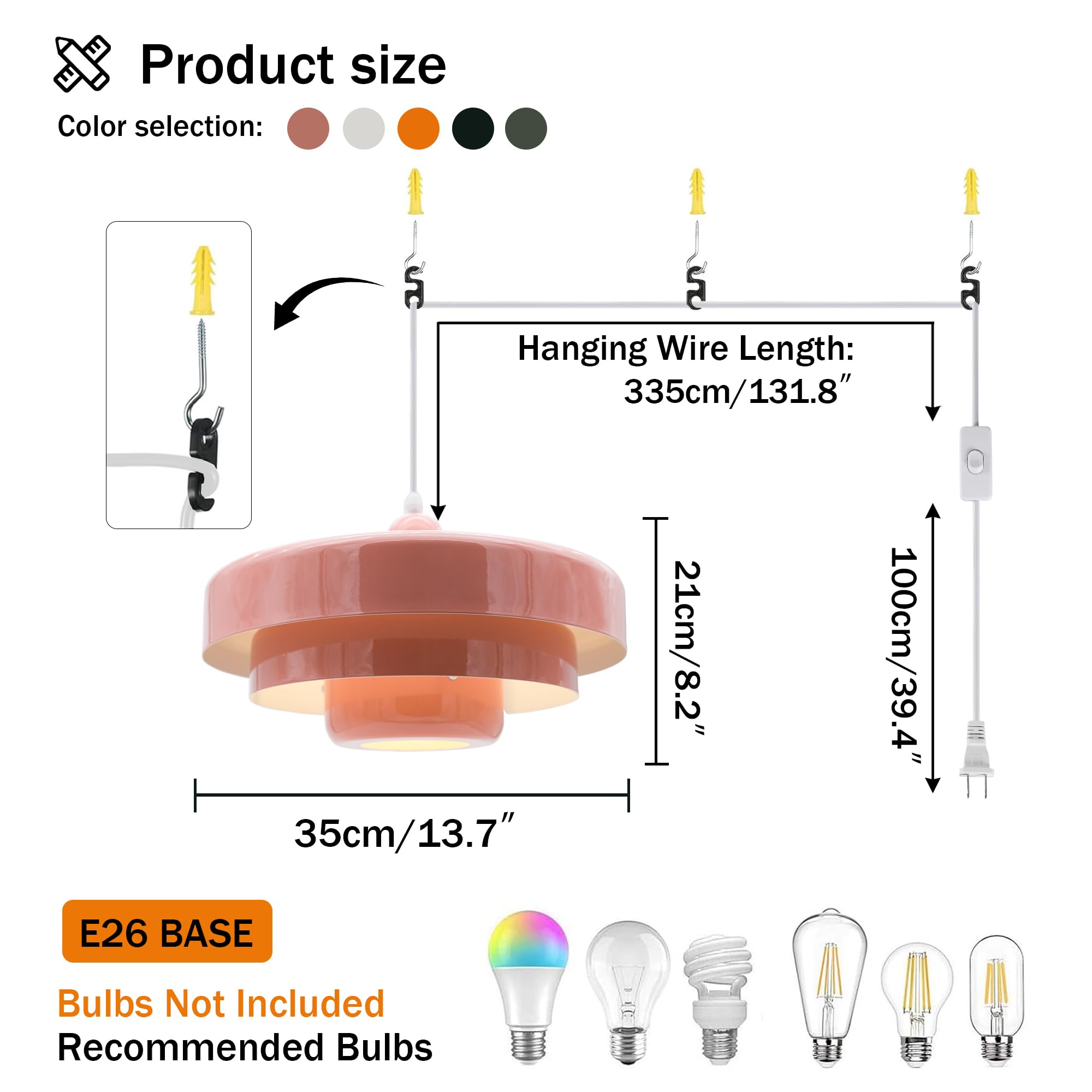 Doungros Hanging Lamp Pink Plug In Pendant Light Mid Century Modern Pendant Lamp Fixtures Nordic Hanging Light Style Pendant Lighting Metal Shade For Living Room Dining Room Bedroom Kitchen Island