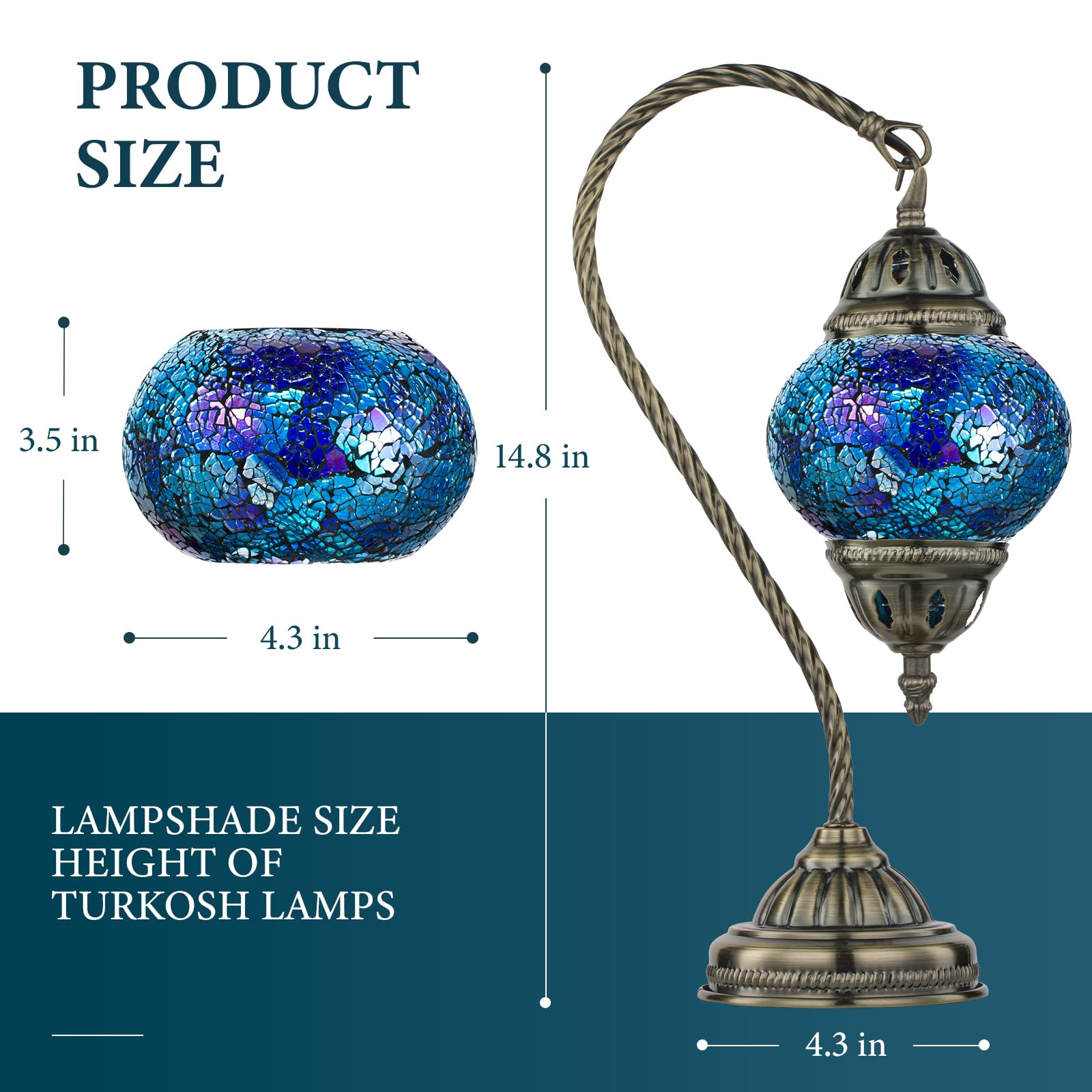 Marrakech Mosaic Glass Table Lamp, Handmade Turkish Design, Swan Neck Bronze Base, LED Bulb Included, Shards Blue