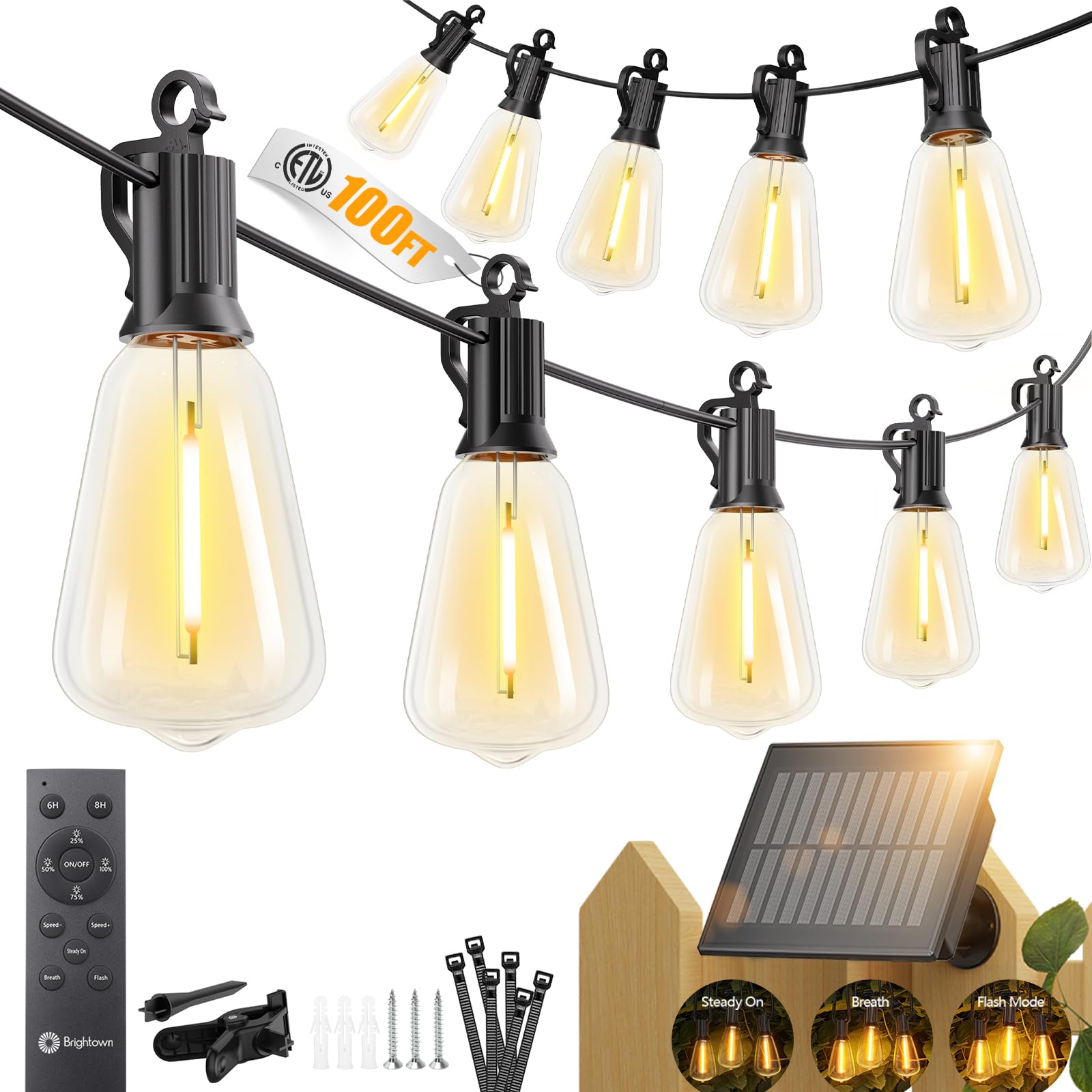Brightown 100FT Solar String Lights Outdoor Waterproof, Patio Lights with Remote and 31+2 LED Shatterproof Bulbs, Dimmable & Tim