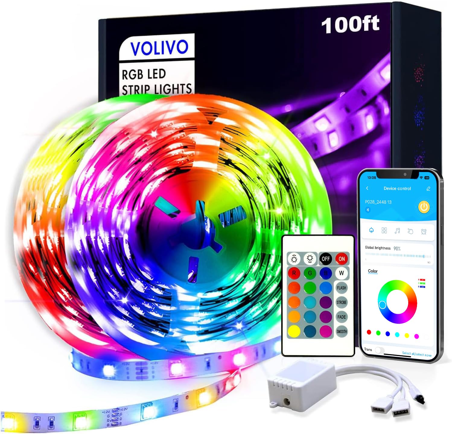 Volivo 100Ft Rgb Led Strip Lights, Color Changing Led Light Strips Kit With 24 Keys Ir Remote Control, Music Sync Lighting For B