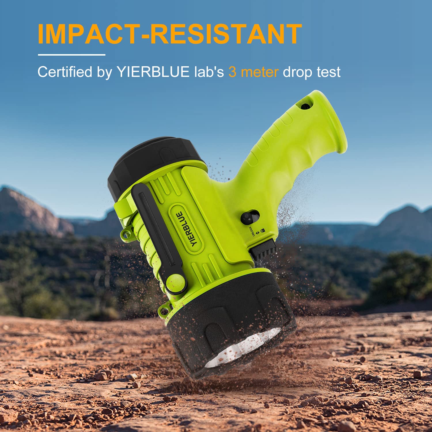 YIERBLUE Rechargeable Spotlight Flashlight, 300000 Lumen LED, IP67 Waterproof, Model YBN-20000F, Fluorescent-Pro, Impact Resistant