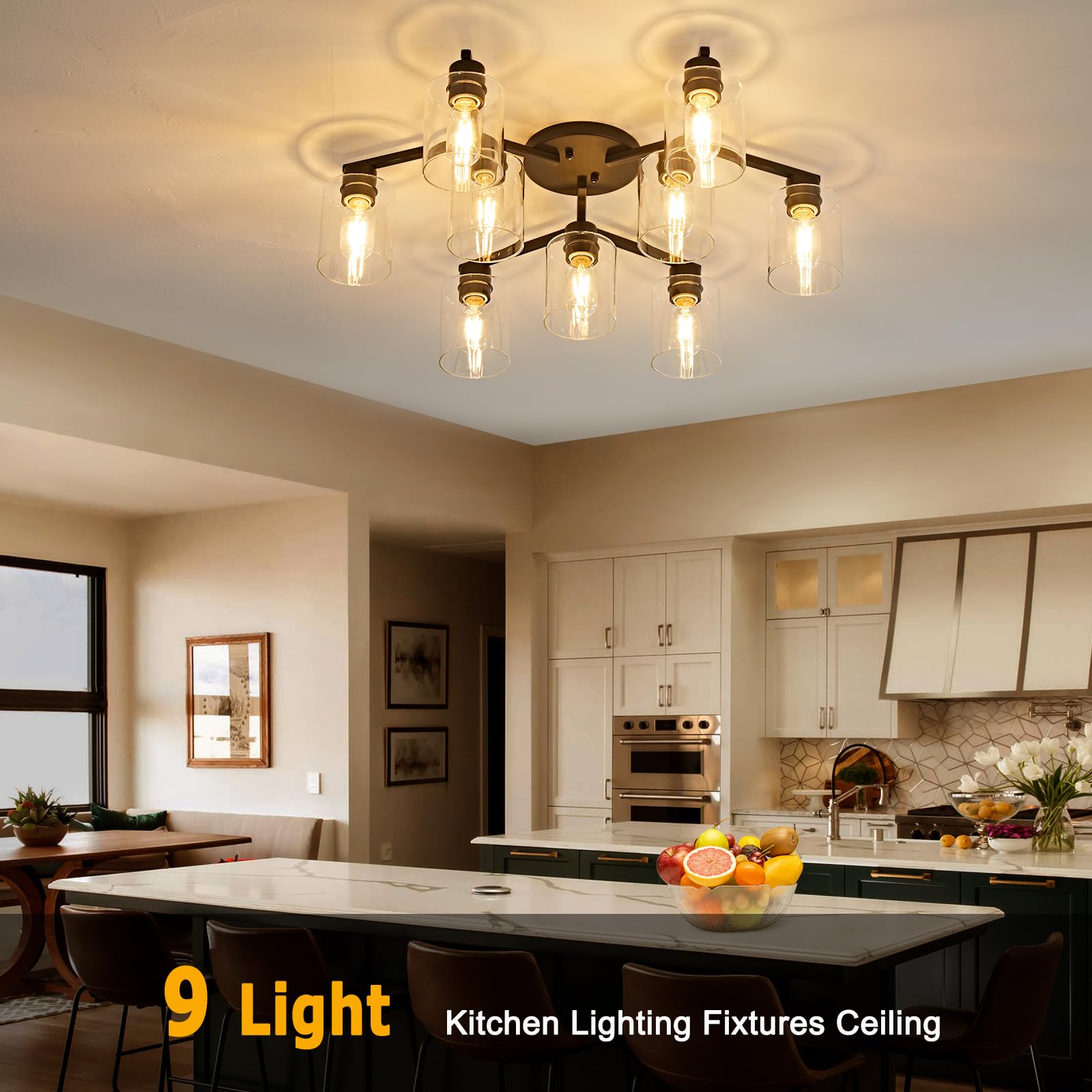 9 Light Kitchen Lighting Fixtures Ceiling Black Semi Flush Mount Ceiling Light Fixture Large Living Room Lighting Cieling Lamps For Dining Room Living Room Light Fixture With Clear Glass Shades