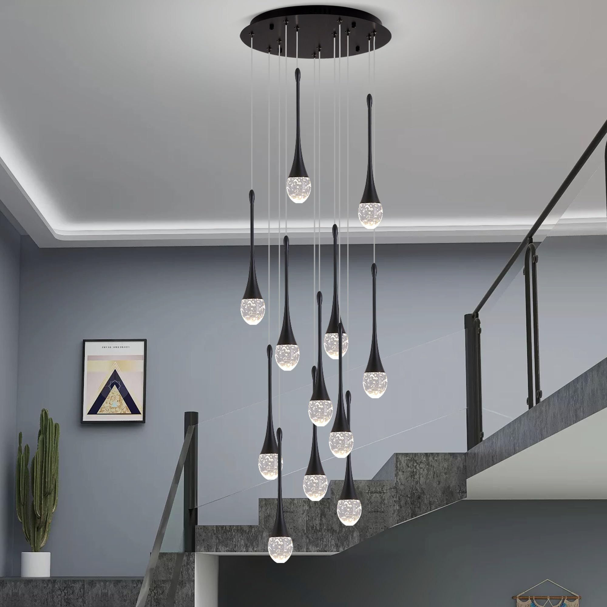 Upfelw Modern Crystal Chandelier, 10-Lights, Black, Dimmable LED, H98.5'' High Ceiling, Model UCC-B10-0436, for Foyer &