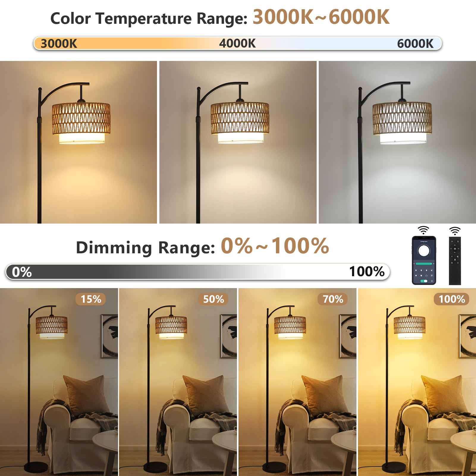 Arc Floor Lamp For Living Room With 3 Color Temperatures, Farmhouse Floor Lamps With Remote & Dimmable Bulb, Boho Standing Lamp