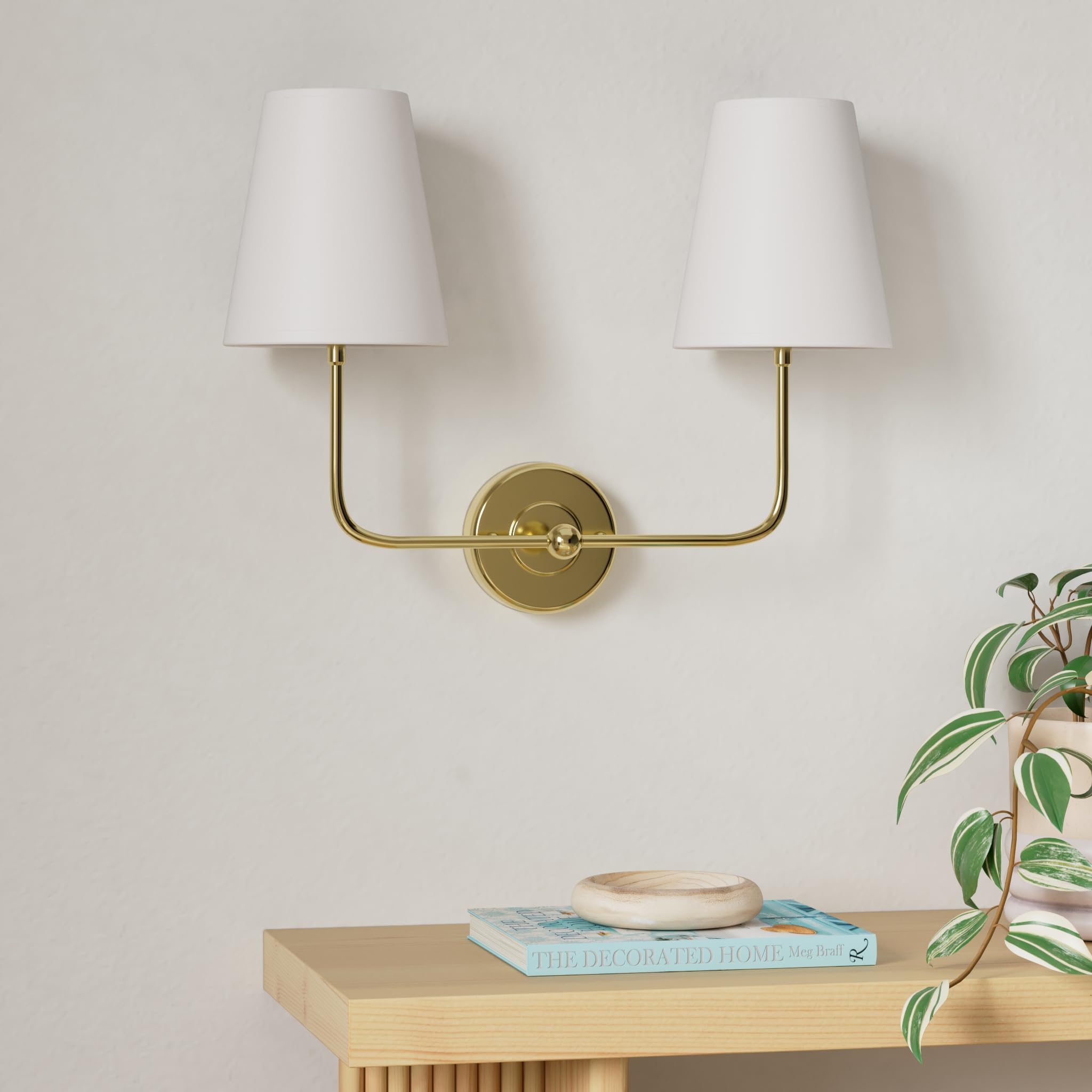 TERLEENART Battery Operated Double Wall Sconce, Dimmable 2-Lights Fabric Sconces with Remote Control, Antique Brass, Model TER-701-03-DP