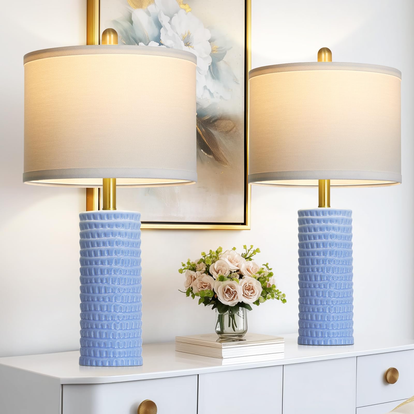 Cinyirong 24.5 Table Lamp Set of 2, Modern Ceramic Bedside Lamps for Night Stands, Classic Small Lamp Nightstand Lamp for Bedroo