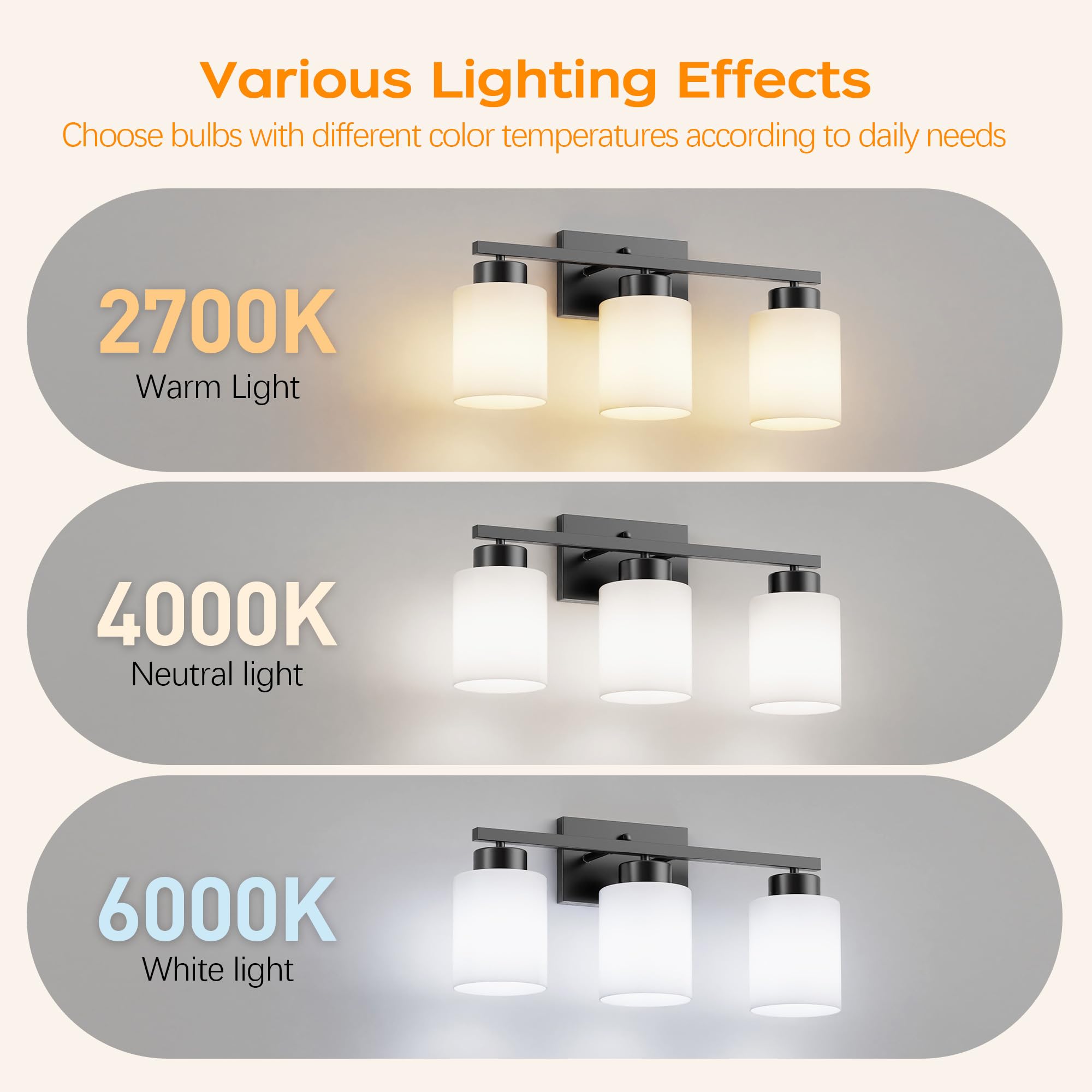 Partphoner 3-Light Matte Black Bathroom Light Fixtures  Modern Vanity Light Over Mirror Lighting  Wall Sconce With Frosted Milky White Glass Shades For Bedroom Living Room Kitchen Hallway