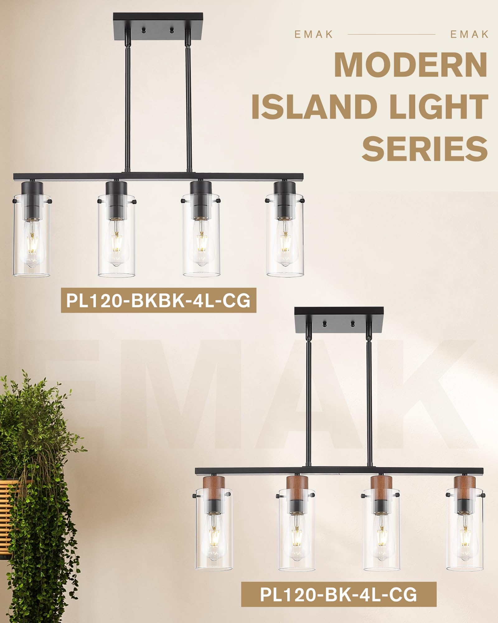 Emak Modern Black Kitchen Island Lighting  4-Light Dining Room Light Fixtures Over Table Farmhouse Linear Chandelier With Clear Glass Shade For Kitchen Dining Room  Pl120-Bkbk-4L-Cg