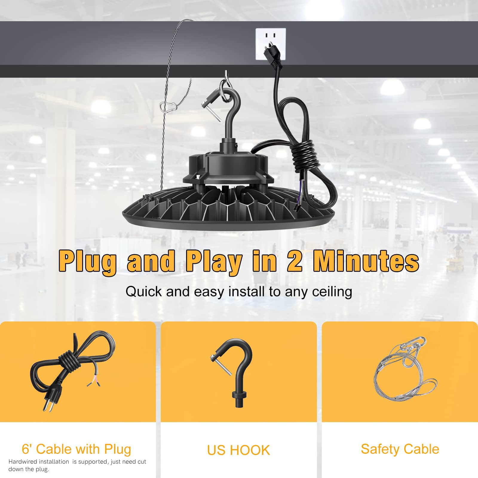 Jc-Lgl Led Ufo High Bay Light 150W, 22,500Lm 5000K Led Lights, 5' Cable With Us Plug, Hanging Hook, Safe Rope, Etl Listed For Wa