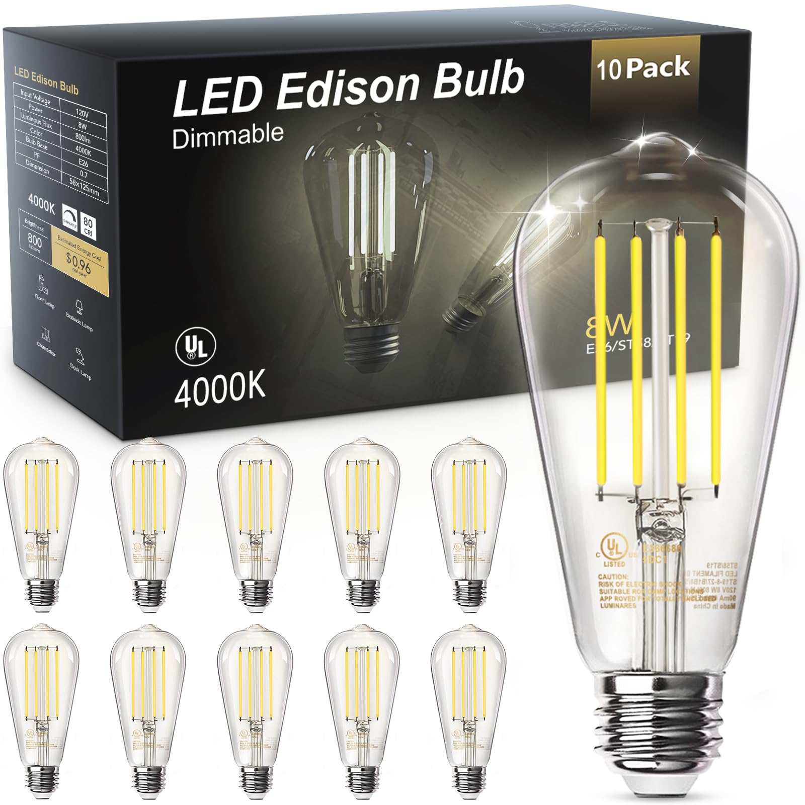 Tjoy 10 Pack E26 Base Vintage Led Edison Light Bulbs, 60W Equivalent Dimmable, 4000K Natural White, 8W St58 Led Filament Bulbs, 