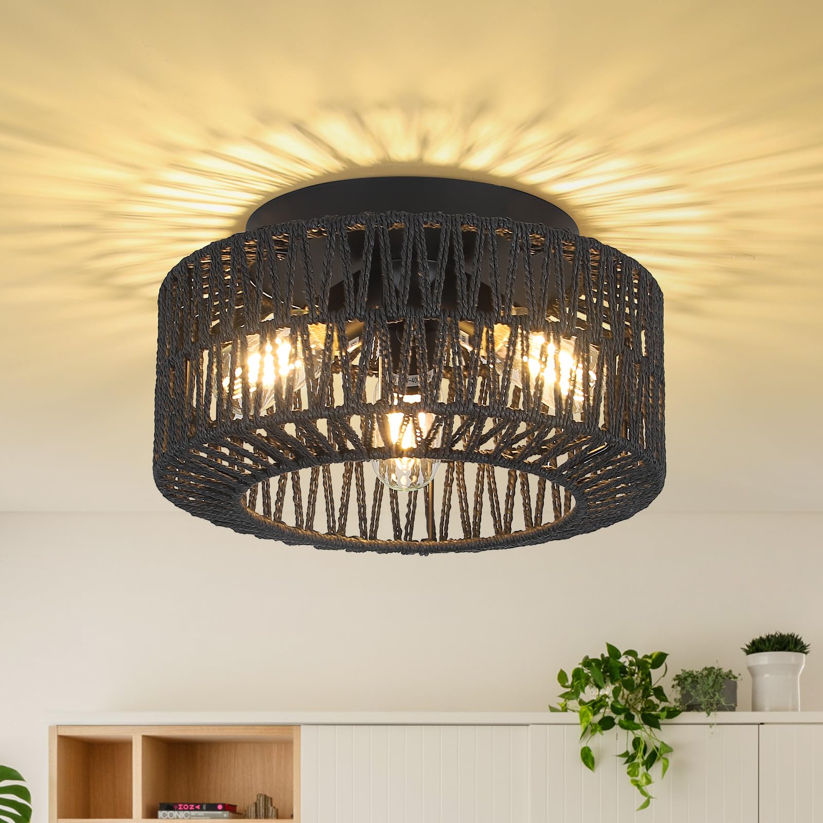 Pauful Rattan Light Fixtures, 3-Light Boho Flush Mount, Farmhouse Ceiling Light With Hand-Woven Shade, Modern Chandelier For Living, Bedroom, Entryway, Kitchen, Nursery