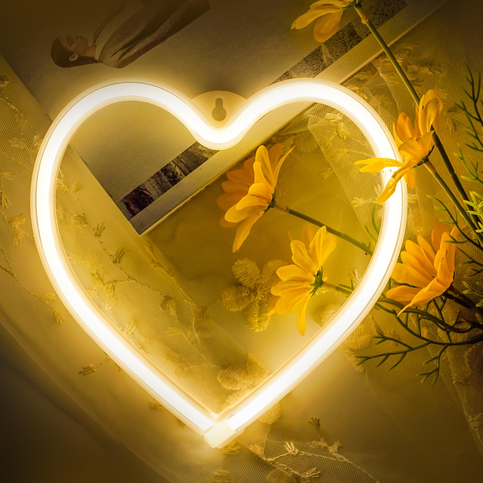 EXF Heart Neon Sign - LED Wall Decoration Light, Warm White, Battery/USB Powered, 1 Pack, Model HeartWW