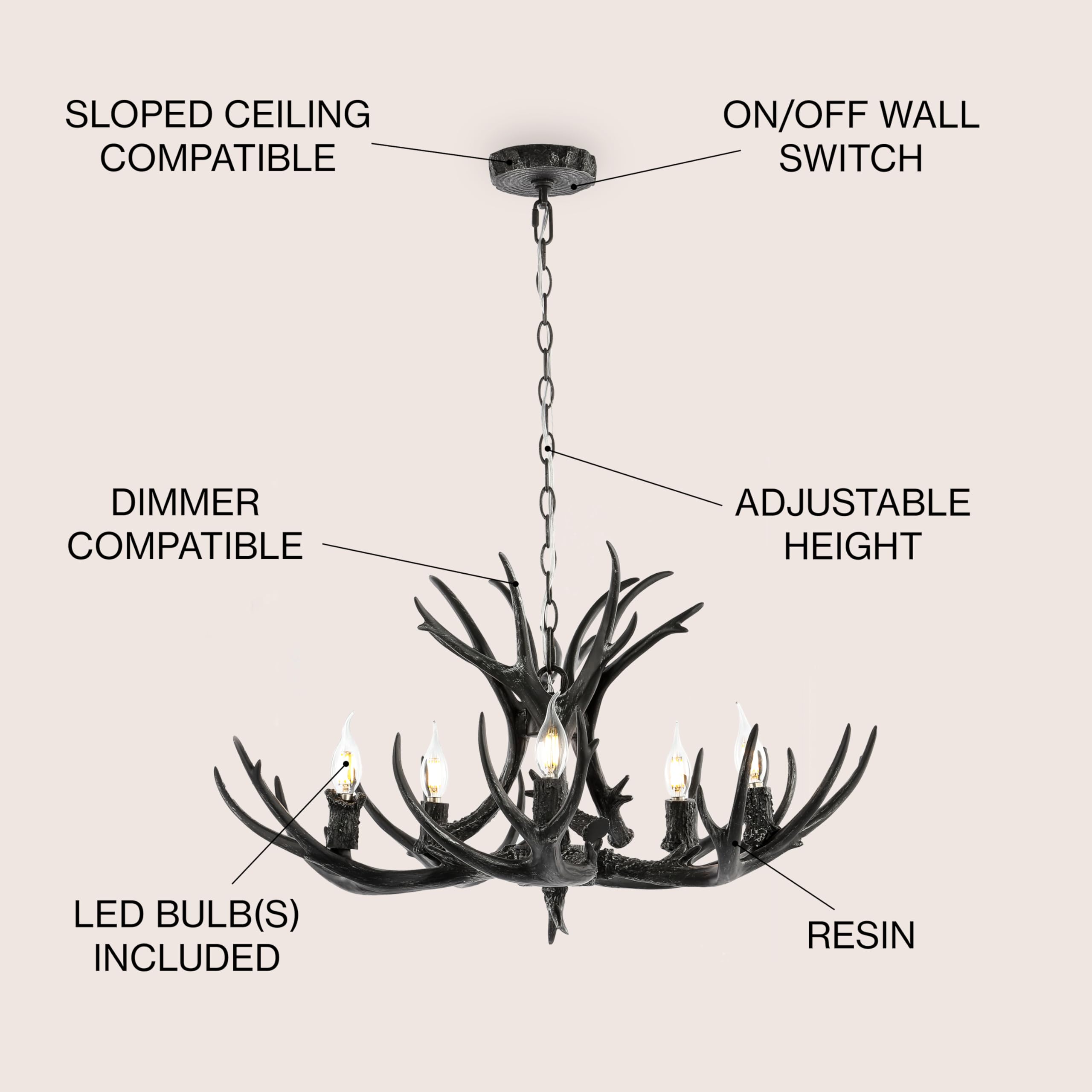 JONATHAN Y Eldora 30" Adjustable 5-Light LED Chandelier, Black Resin, Dimmable, Glam Rustic Transitional Lighting for Dining Room, Living Room, Kitchen