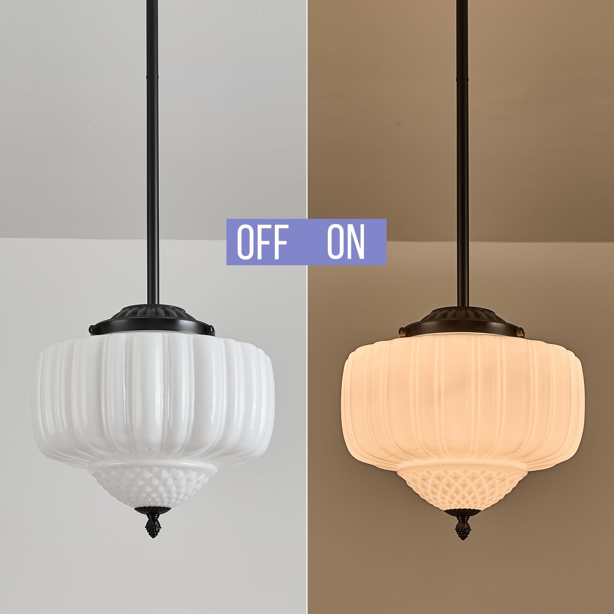 FCTWAKS Schoolhouse Pendant Light, 12" Adjustable Black Fixture with Milk Glass Shade, Mid Century Modern Design