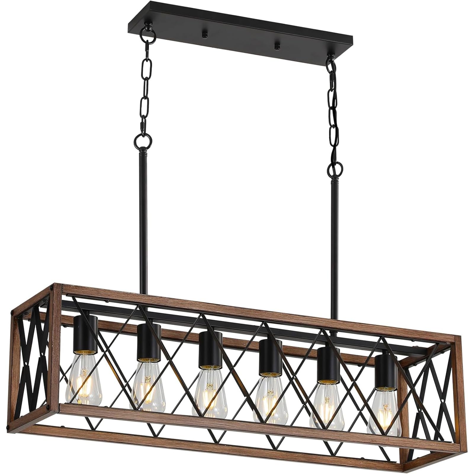 MUEOF Farmhouse Kitchen Island Lighting,6-Light Dining Room Light Fixtures Over Table,Rustic Chandelier Wood Grain Finish,Height