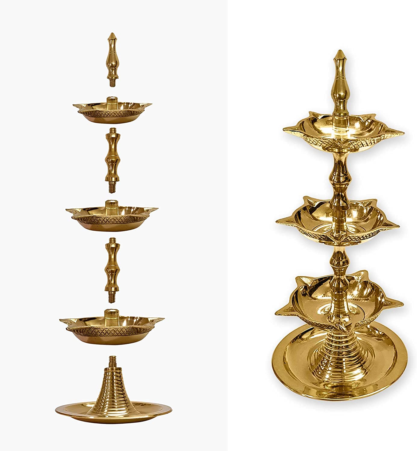 SATVIK 2Pc Standing Brass Kerala Samai Diwali Deepak for Puja Traditional Panchmahal Pooja Deepam Diya Oil Lamp Kutthu Vilakku D