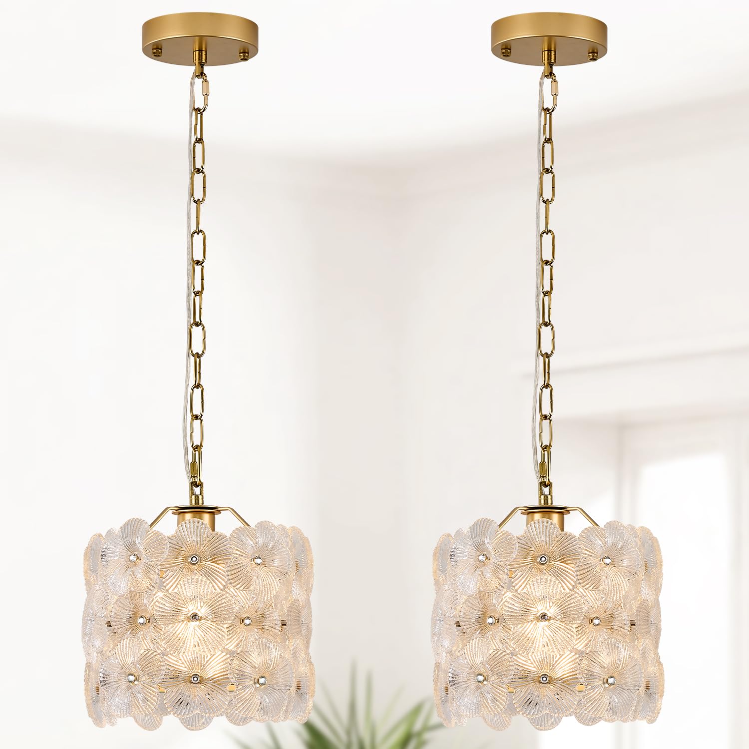 Poemoon 2-Pack Gold Glass Pendant Light Modern 1-Light Flower Small Ceiling Pendant Lighting For Kitchen Island Sink Dining Room