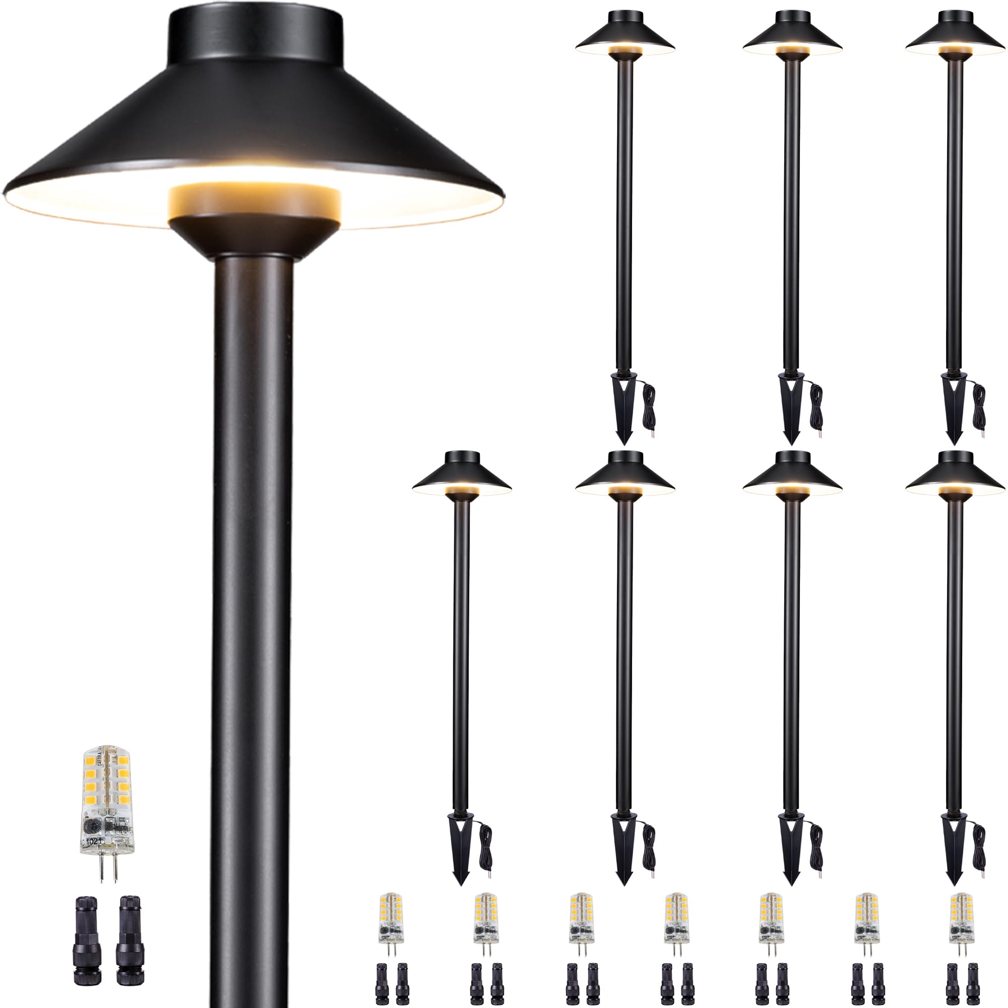 Gardenreet Brass Low Voltage Path Lights - 12V Led Landscaping Pathway Light Ip65 Waterproof, Wired Walkway Lighting Outdoor, Black For Lawn Area Backyard With 3W 2700K Warm White G4 Bulb (8 Pack)