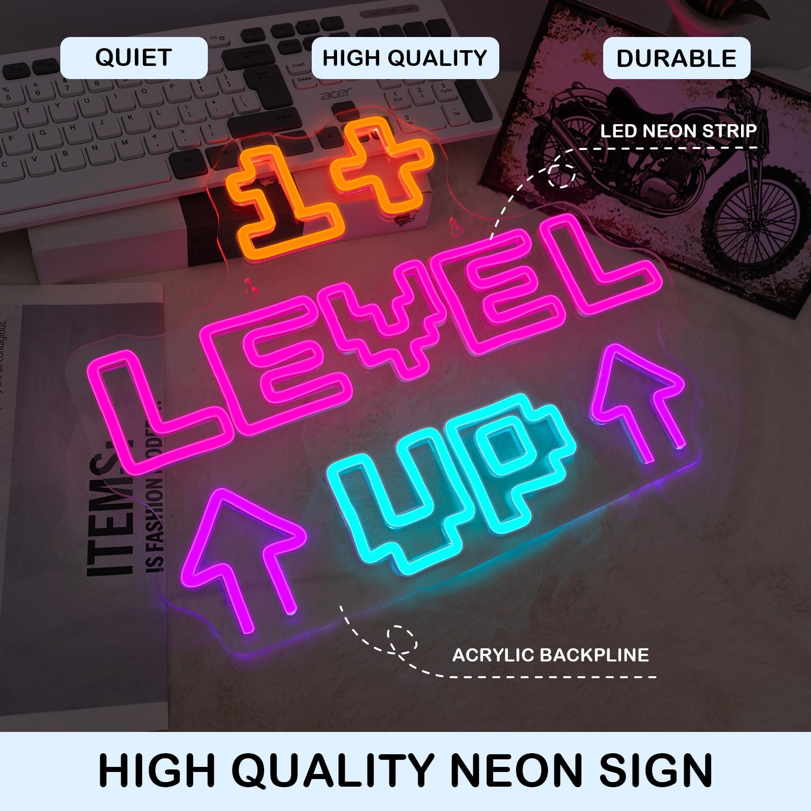 Horseneon Level Up Game Neon Sign Gamer Lights Gaming Led Wall Decor For Gaming Rooms  Esports Arenas & Streamer Setups Gaming Neon Sign Gamer Led Retro Arcade Style Game Lighting