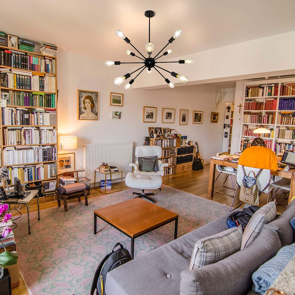 Lynpon 12-Light Black Sputnik Ceiling Light Chandelier - Mid Century Industrial Pendant Fixture