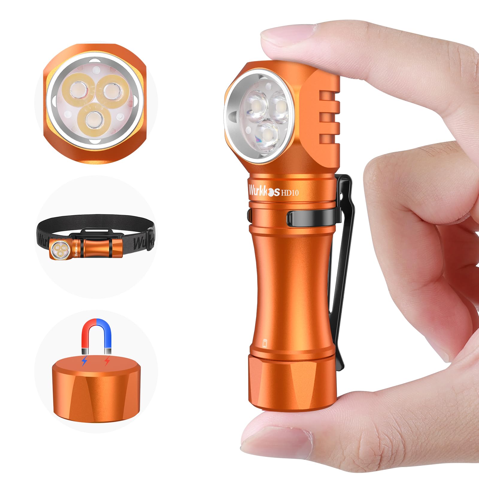 Wurkkos Rechargeable Flashlight 1200 Lumens Right Angle Aluminum Orange 6000K HD10