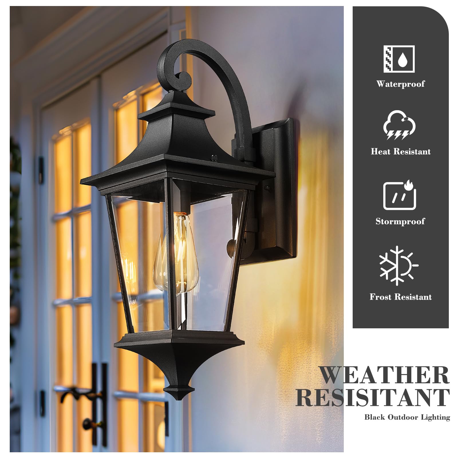 Emliviar Outdoor Porch Light - 21.1 Inch Modern Wall Light, Clear Glass, Black Finish, Model XE292B-M BK, Medium Size