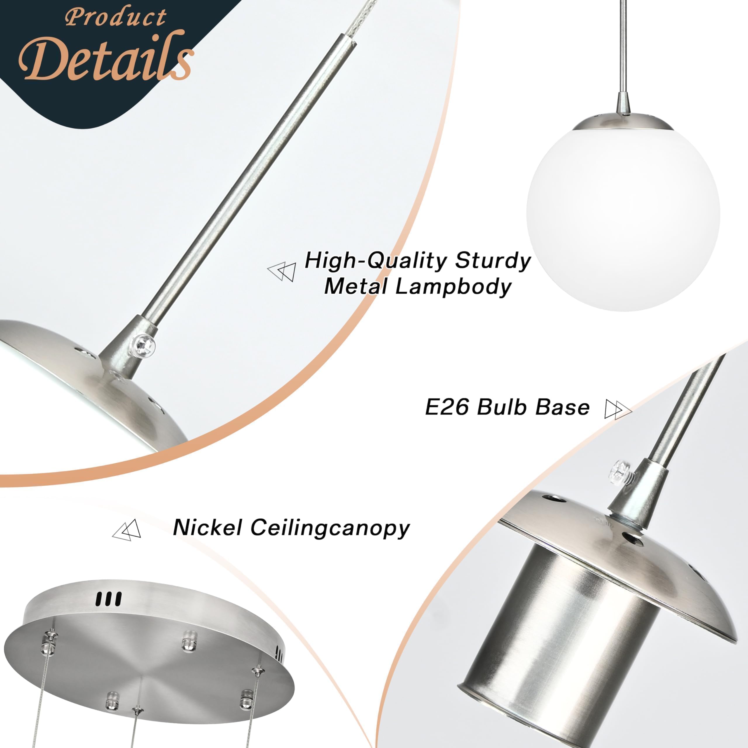 KoKo&Yukina 3-Light Globe Glass Pendant Light, Opal & Nickel, Adjustable Length, 11.8" Diameter, Model LT01-NN-3, Bulb & Remote
