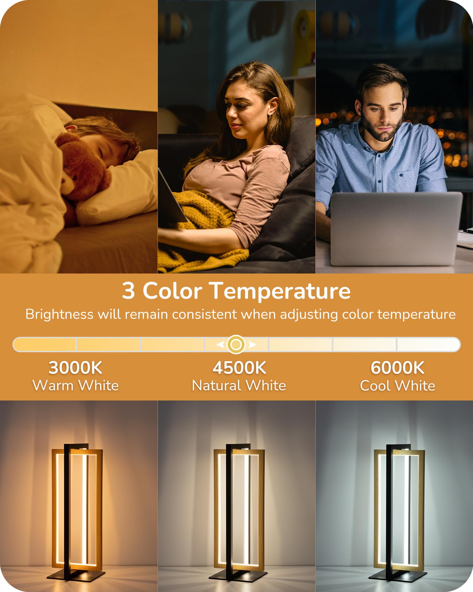 EDISHINE LED Table Lamp - Minimalist Nightstand Light, 3 Color Temperatures, Dimmable, Wood Grain Finish