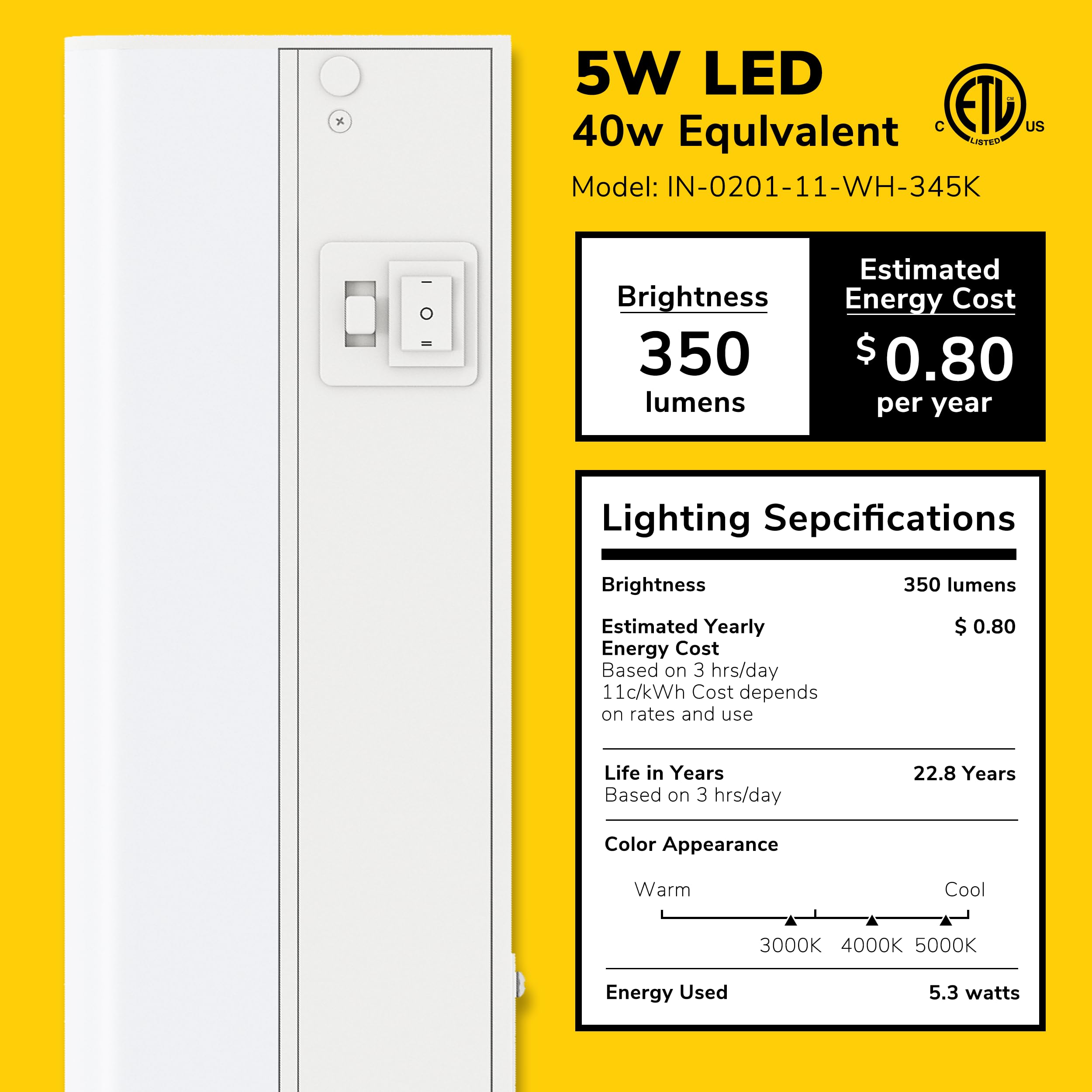 Getinlight 12-Inch Hardwired Only 3 Color Led Under Cabinet Lighting, Soft White(3000K), Bright White(4000K), Daylight White(500