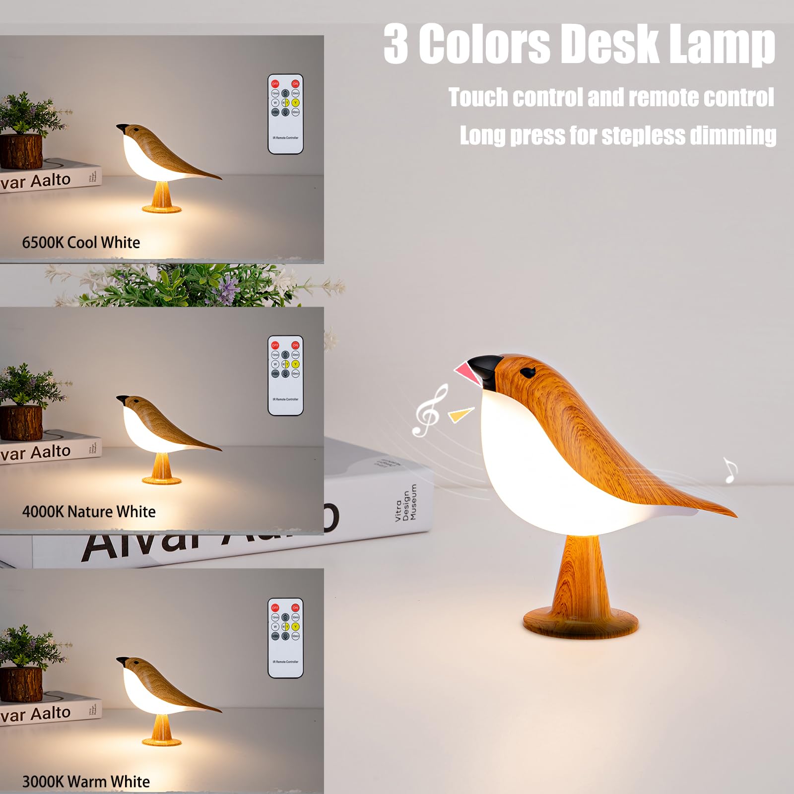 THOEWONG Small Bird Desk Lamp, Rechargeable, 3 Color Temperatures, Remote Control, Battery Operated, Wood Color, Model bird01