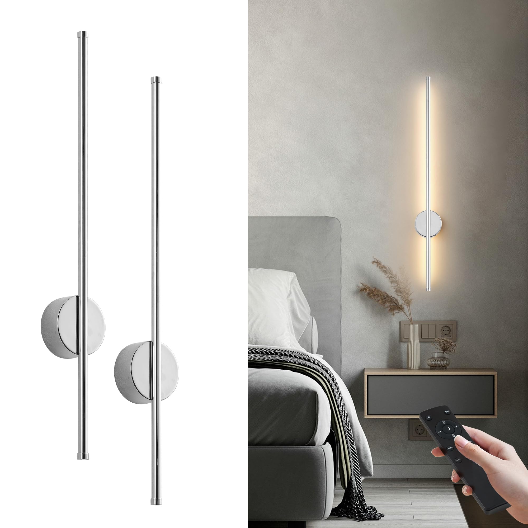 KARTOOSH Battery Operated Wall Sconces Set of Two, Dimmable LED, 27.6 Inch, Chrome, Model ZM322B, Remote Control, 3 Color Temper