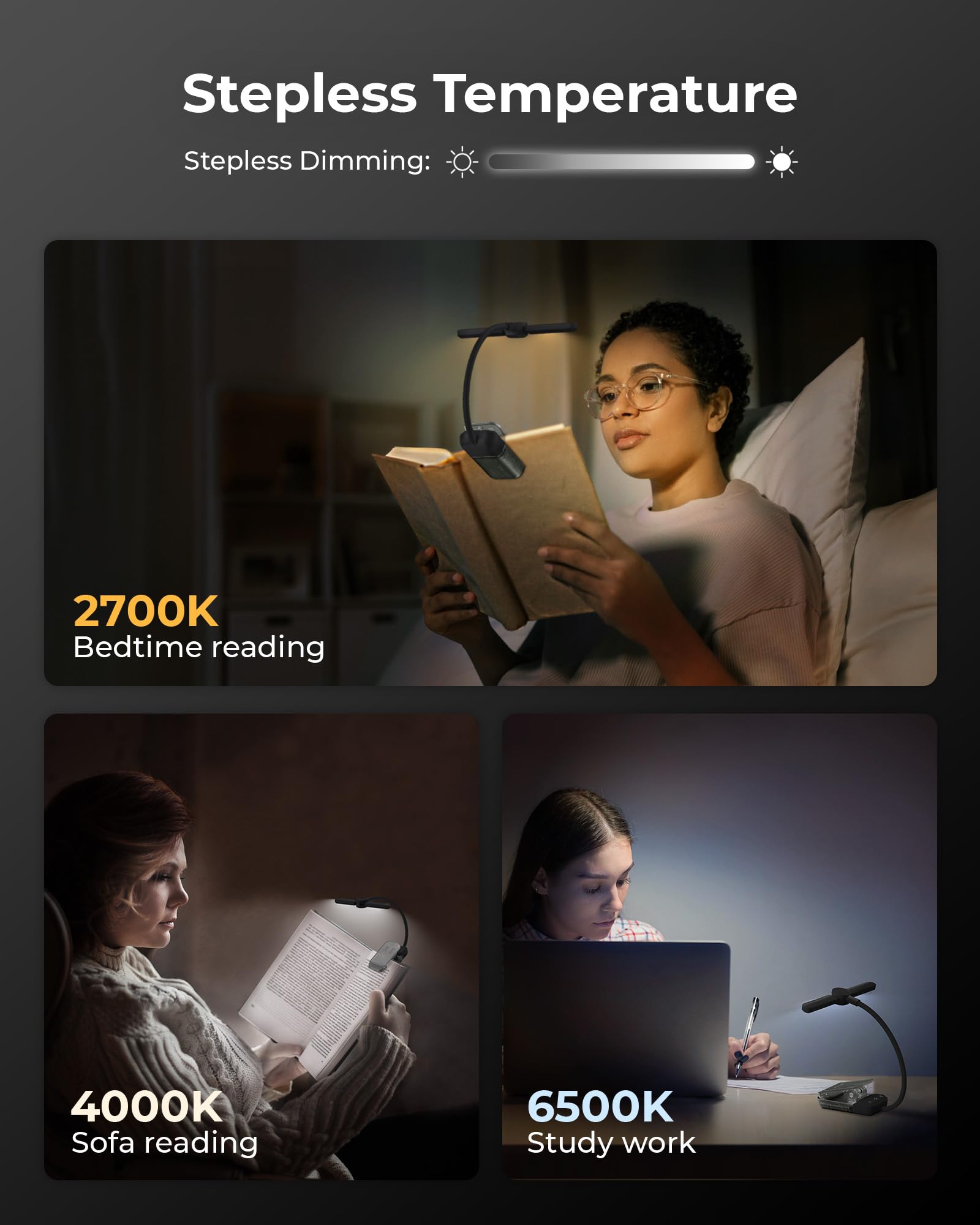 Enclize LED Reading Light, Rechargeable Book Light for Night Reading, 180 Adjustable Lighthead - Stepless 3 Color & Brightness,