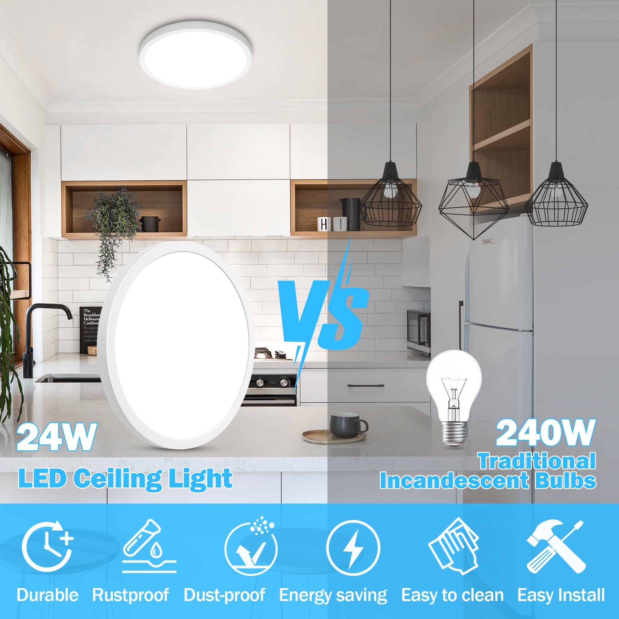 Sunrider 2-Pack Led Flush Mount Ceiling Light, 12 Inch 2400Lm, 5000K Daylight White, 24W Dimmable Modern Slim Round Flat Lights