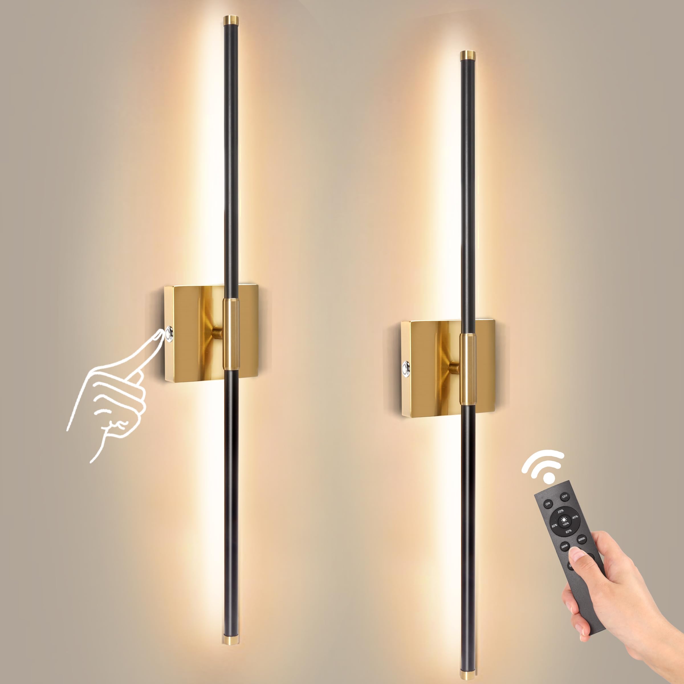 Battery Operated Wall Sconces with Remote Control Dimmable Wall Sconces Set of Two 350?Rotate 3000K LED Brass Gold and Black Wir