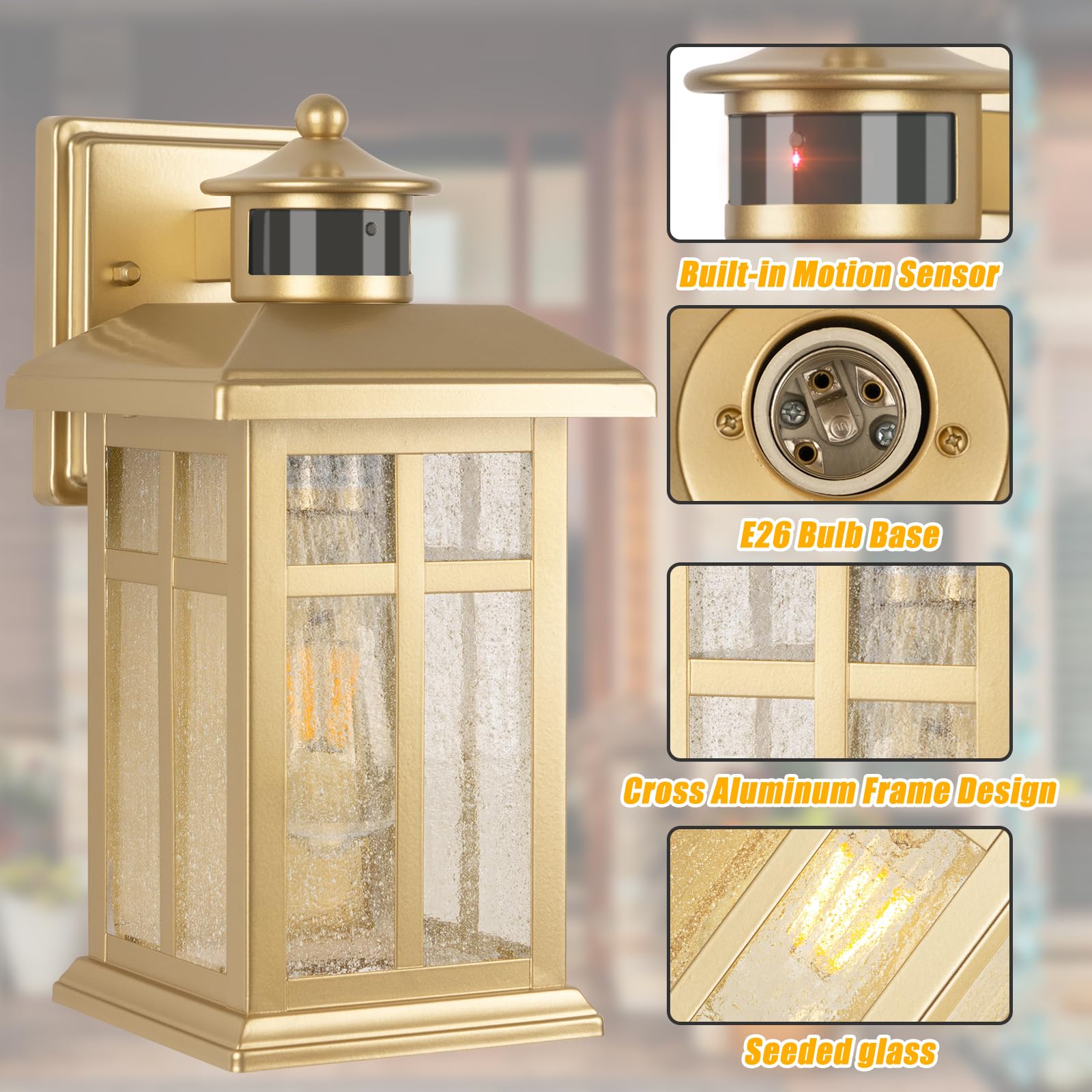 Brilvibera Outdoor Light Fixture Motion Sensor, Gold Waterproof Outside House Light, Modern Outdoor Wall Lights, Outdoor Garage