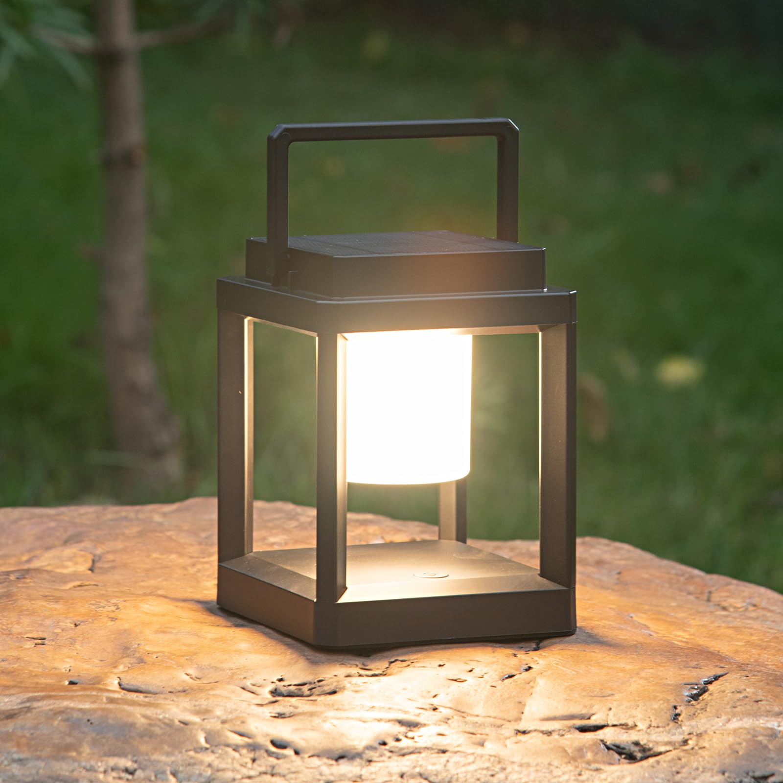 DAKAFUL Outdoor Table Lamp, LED Solar Lantern, Rechargeable, Waterproof, Square, Black, Model CA-DA-SL