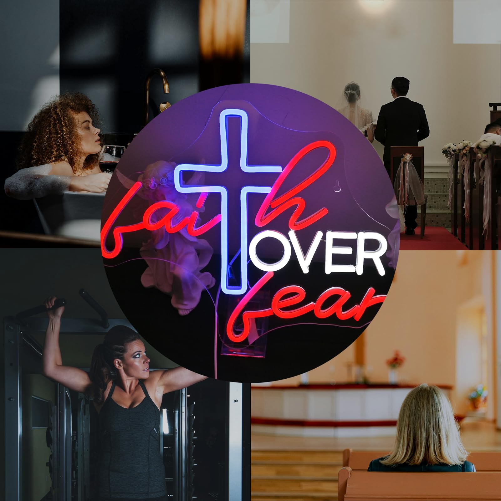 Wanxing LED Neon Sign - Faith Over Fear, Acrylic Wall Decor, USB Powered, 16.1in x 12.1in, Adjustable Brightness