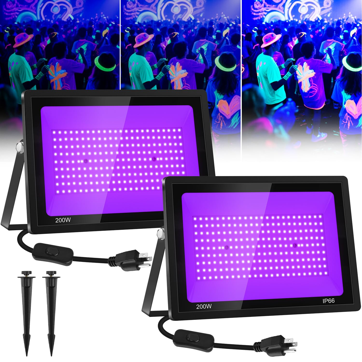 T-SUN 200W Black Light Flood Light, IP66 Waterproof, 3 Brightness Modes, Halloween Glow Party, 30W-2 Pack