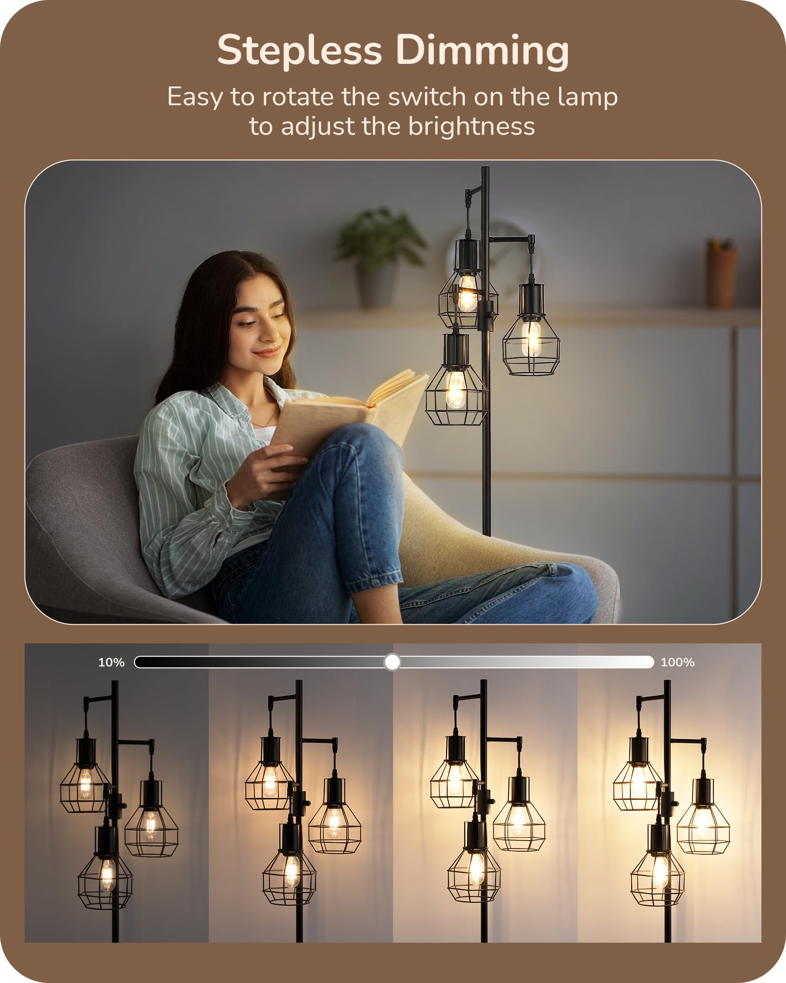 EDISHINE Dimmable Farmhouse Floor Lamp, Industrial Metal Design, Black, Model HLFL03G, 3 LED Edison Bulbs Included