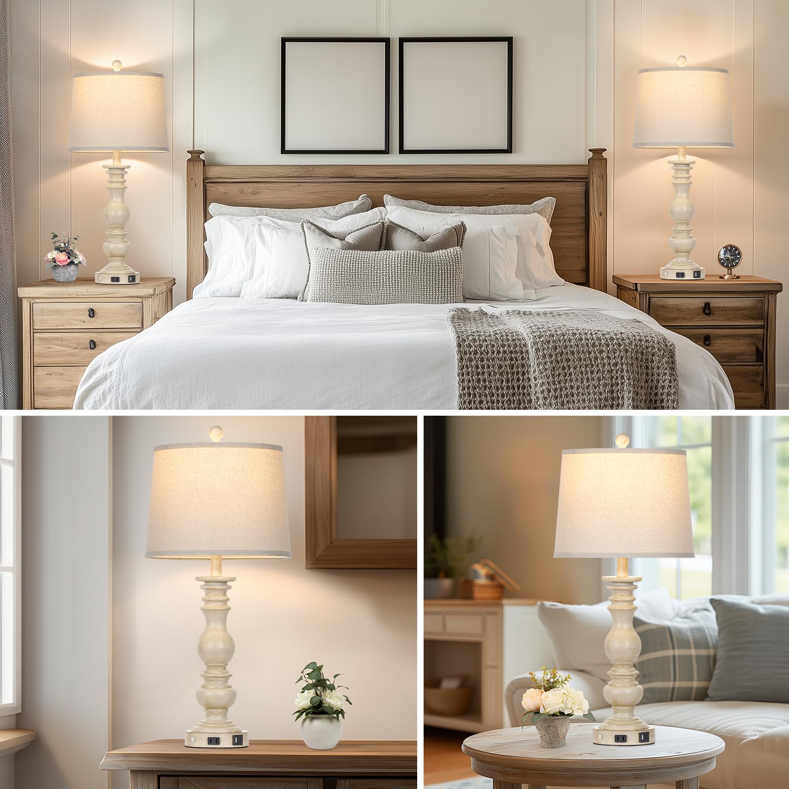 Cinkeda 28" Farmhouse Table Lamps Set of 2 - 3-Way Dimmable Touch, USB Ports, Beige, Model TD-CK