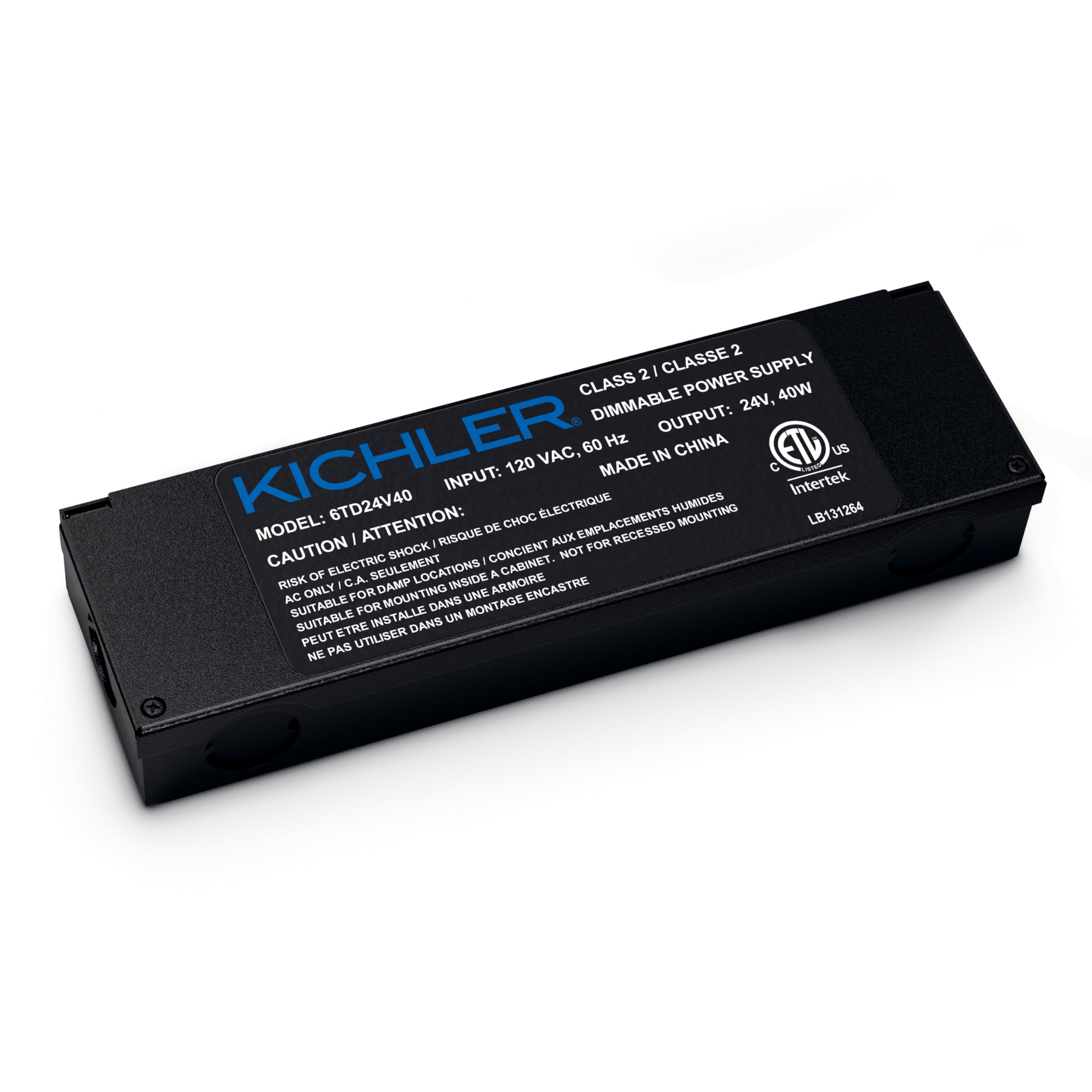 Kichler 24V 40W LED Dimmable Power Supply for Cabinet Light, (8.75 L x 2.5 W x 1.5 H), 6TD24V40BKT