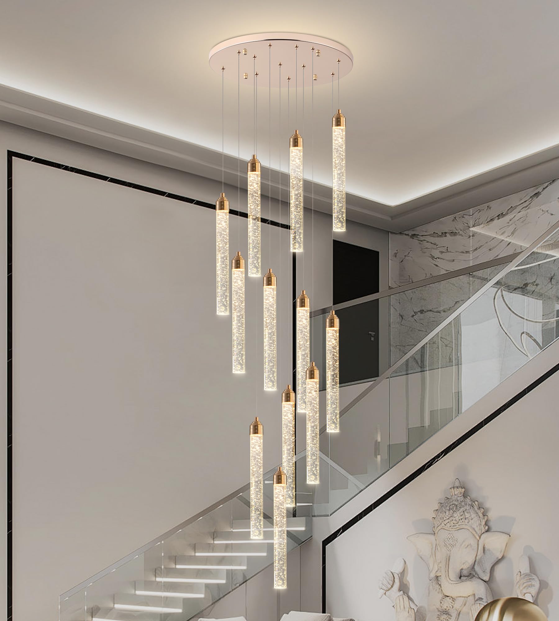 YwueChwu 12-Lights High Ceiling Crystal Staircase Chandelier Gold, Modern Spiral Raindrop Dimmable LED Bubble Cluster Ceiling Ha