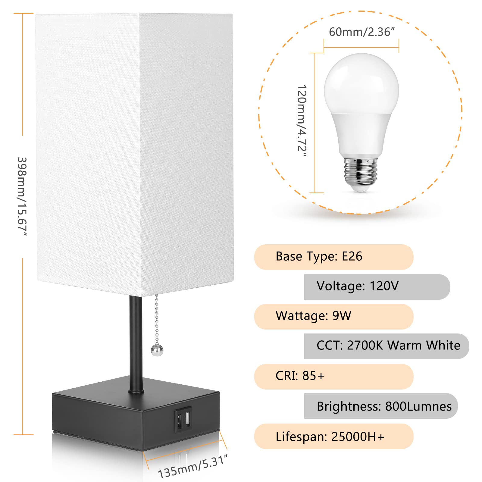 Ggoying Pull Chain Table Lamp, Bedside Lamps With 2 Usb Charging Ports, 2700K Led Bulb, White Linen Lampshade For Living Room, D