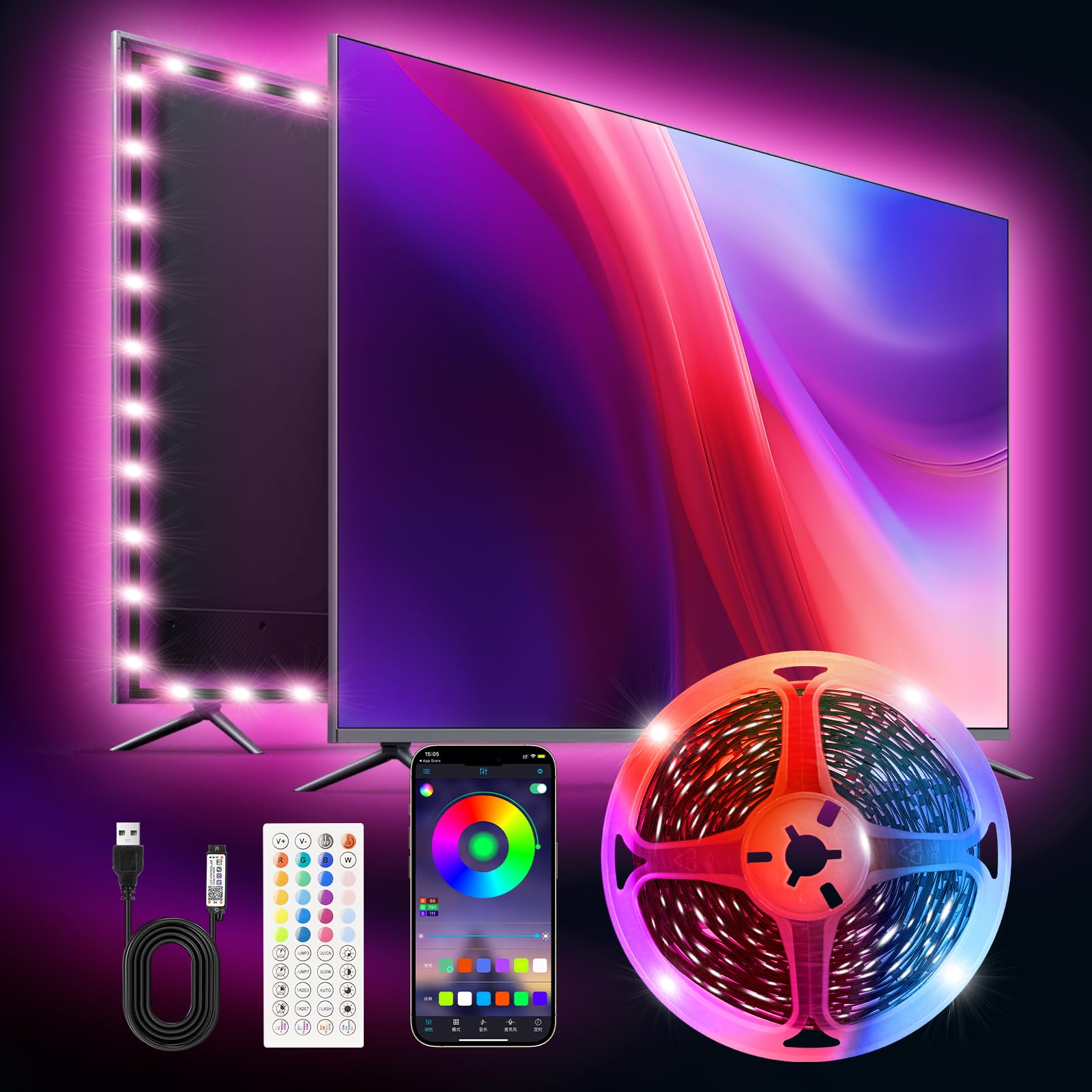 TK99SW LED TV Lights,16.4ft Smart RGB Strip for 45-75 Inch TVs, Music Sync Bluetooth App & Remote Control, USB-Powered LED Light